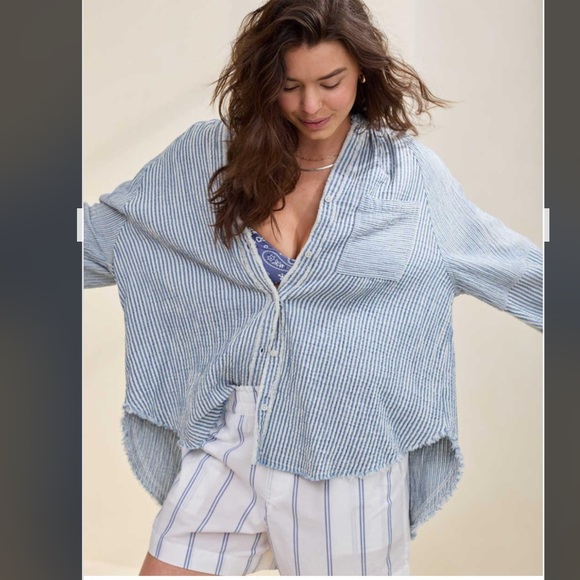 Aerie American Eagle Daybreak Coverup Shirt oversize Marbled Blue 16 18 XL - Picture 15 of 16